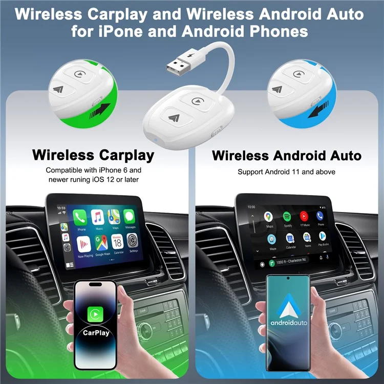 THT-020-9-1 Car Sans Fil Android Auto Carplay Wired to Wireless Adapter Dongle