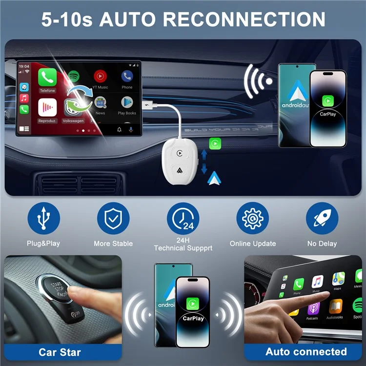 THT-020-9-1 Car Wireless Android Auto Carplay Wired to Wireless Adapter Dongle