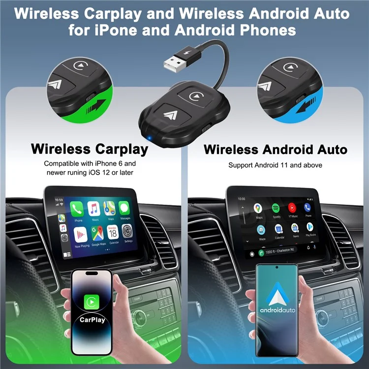 THT-020-9 Car Wireless Carplay Android Auto Dongle Wired to Wireless Adapter - Black