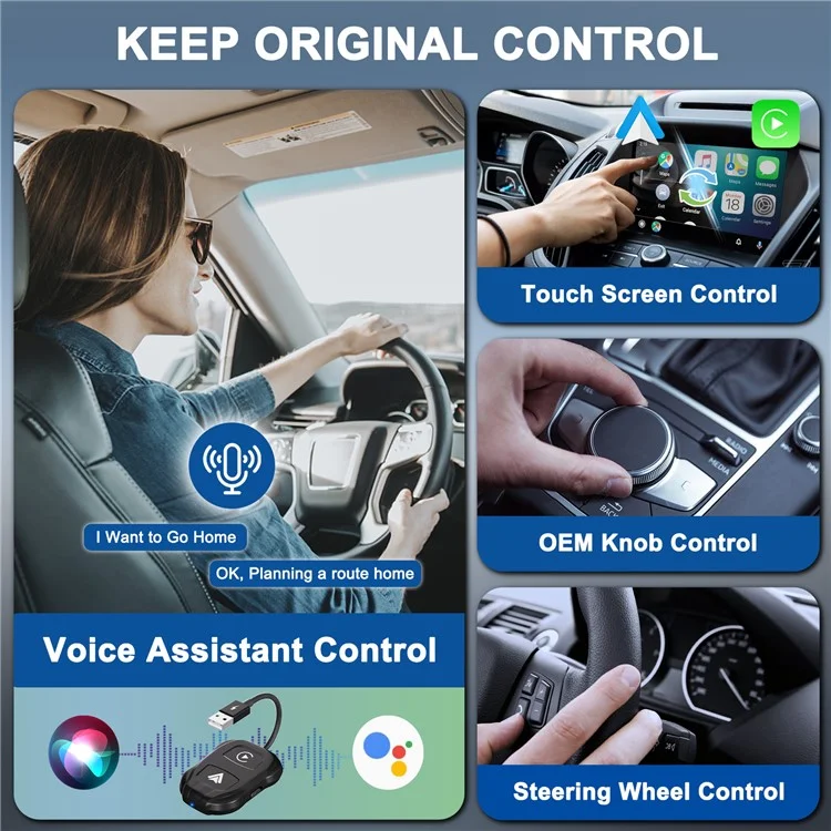 THT-020-9 Car Wireless Carplay Android Auto Dongle Wired to Wireless Adapter - Black