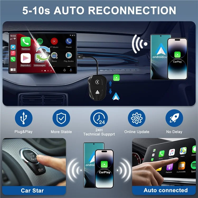 THT-020-9 Car Wireless Carplay Android Auto Dongle Wired to Wireless Adapter - Black