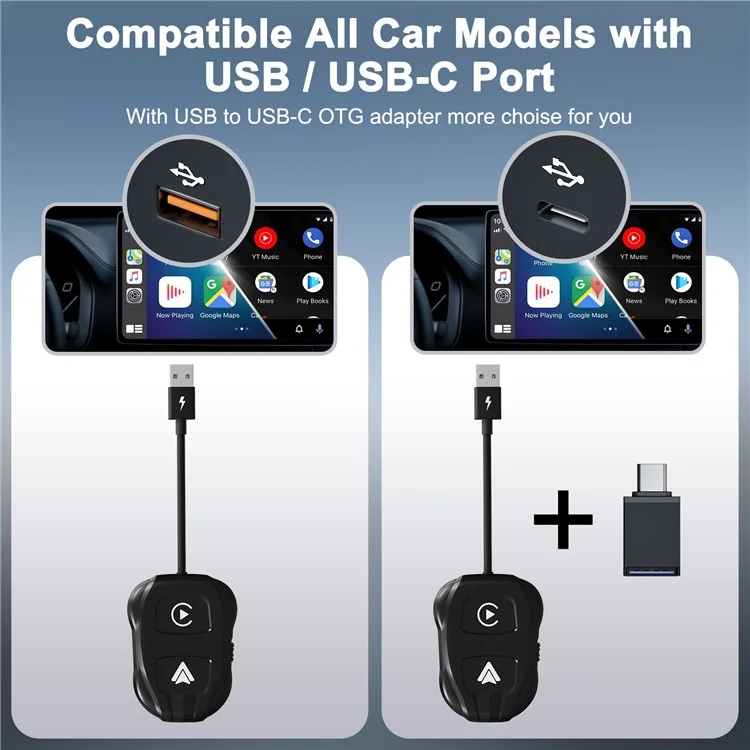 THT-020-9 Car Wireless Carplay Android Auto Dongle Wired to Wireless Adapter - Black