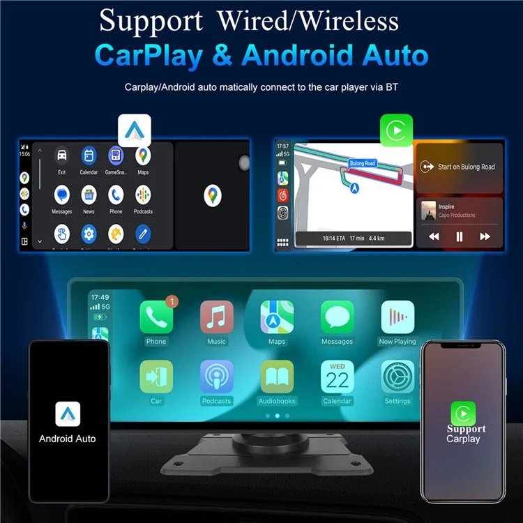 W912B 10.26-inch HD Video Car Player with 8-LED Rear-View Camera Portable Bluetooth-compatible Car Monitor Support Mirror Link