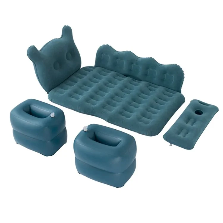828 Cartoon Bear Head Car Air Mattress PVC + Flocking Back Seat Inflatable Bed with Pump - Navy Blue