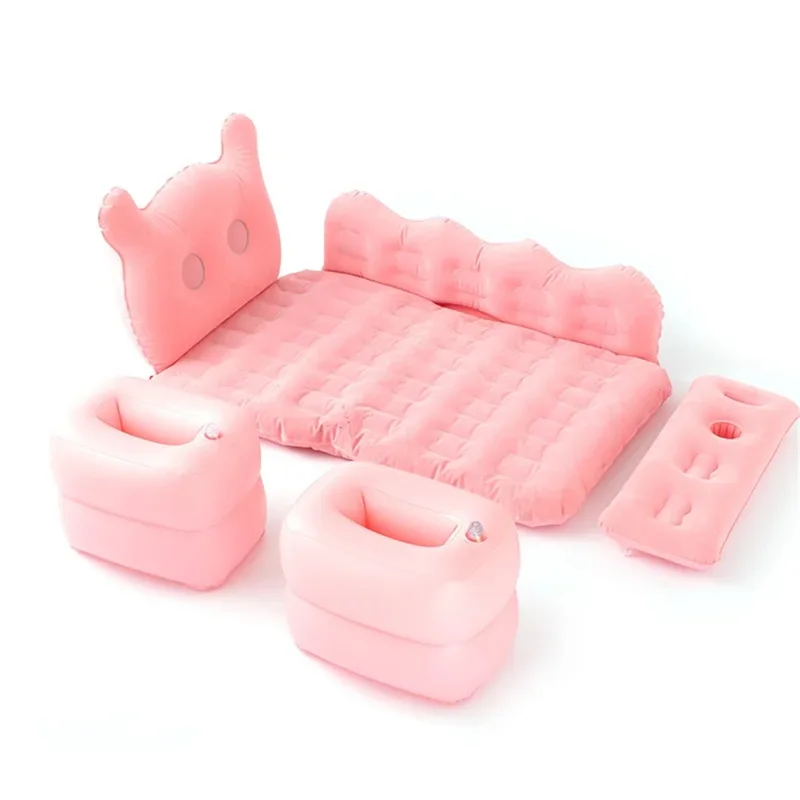 828 Cartoon Bear Head Car Air Mattress PVC + Flocking Back Seat Inflatable Bed with Pump - Pink