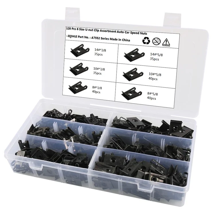 A7552 225PCS Mangan-Stahl-Wagen-U-Muttern-Clips Ersatzteile mit 6 Größen