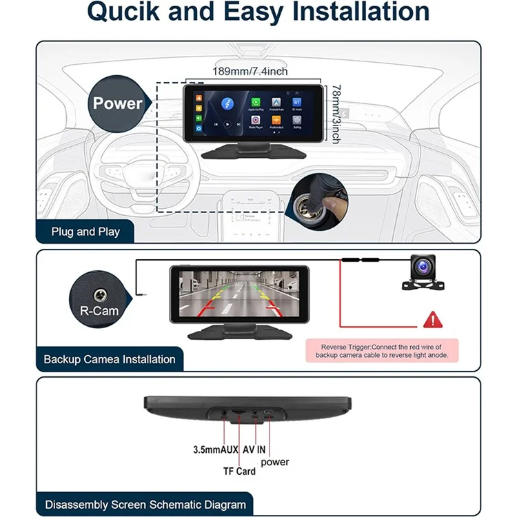 W513C 6.86-Inch HD Car Play Display Screen with AHD Camera Portable Car Radio Player