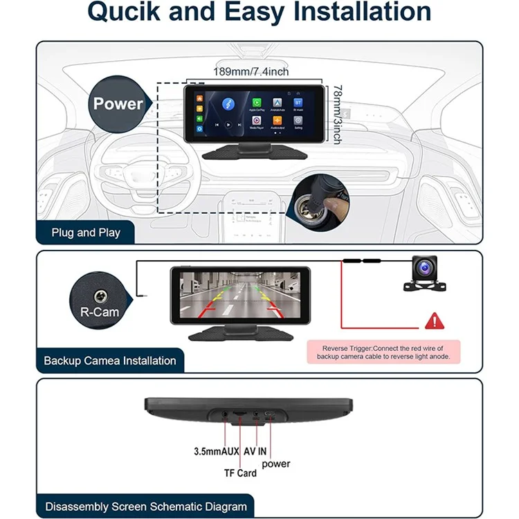 W513E 6.86-Inch Portable Car Play with Recorder, 12LED Camera Car Radio Player