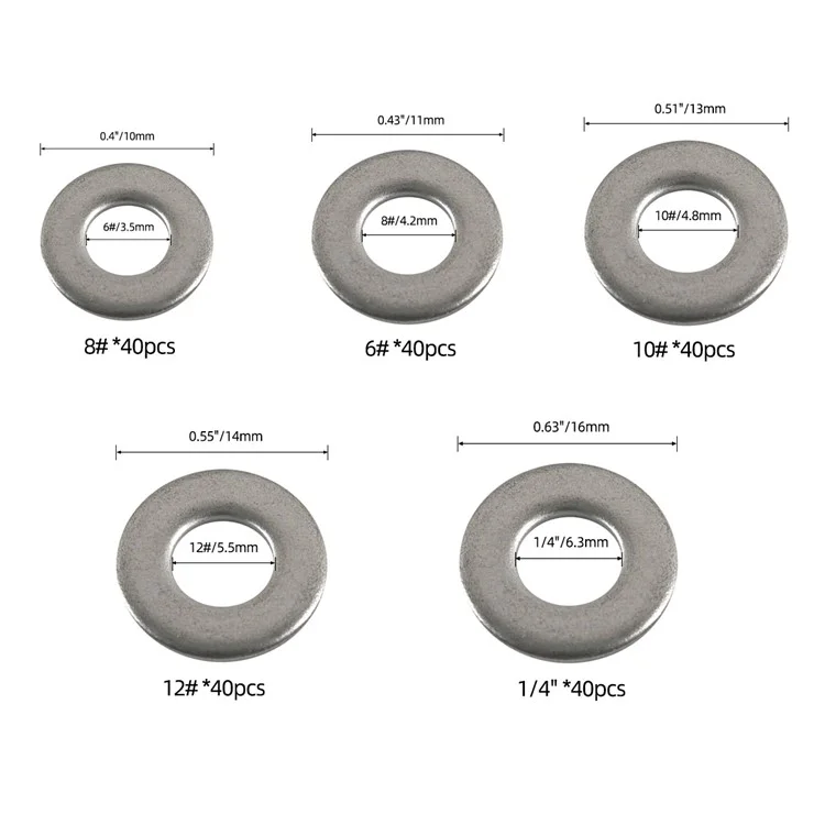 A7748 200Pcs Assorted 12# 10# 8# 6# 1 / 4" 304 Stainless Steel Flat Washers