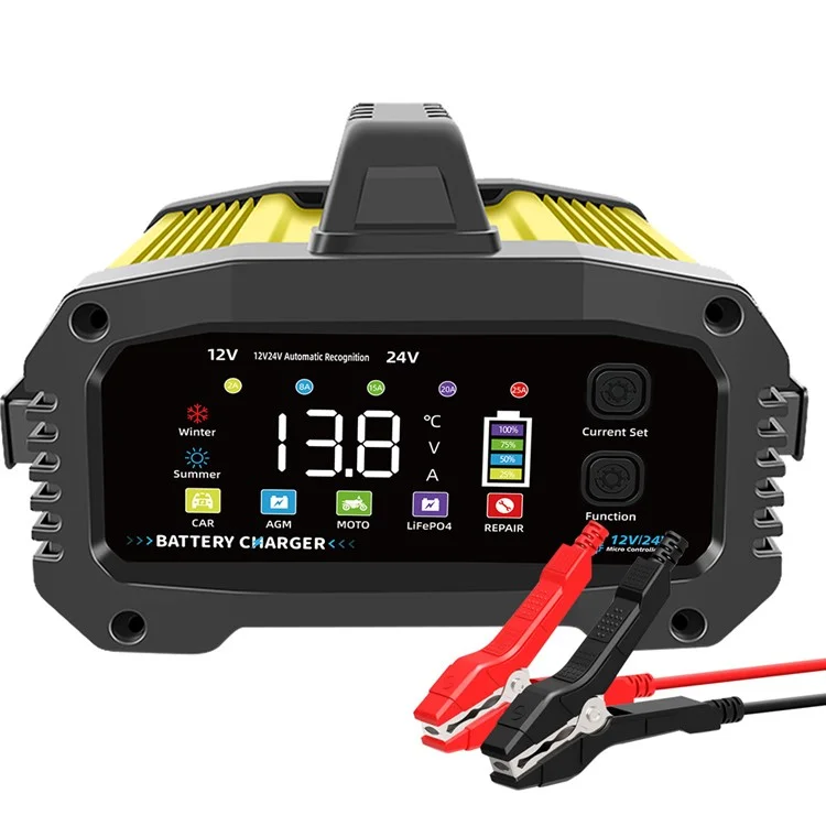 Cargador de batería automático para automóviles E-FAST TK-2500 de 25A máx. para baterías de ión de litio LiFePO4, AGM y de plomo-ácido - Enchufe europeo / Amarillo