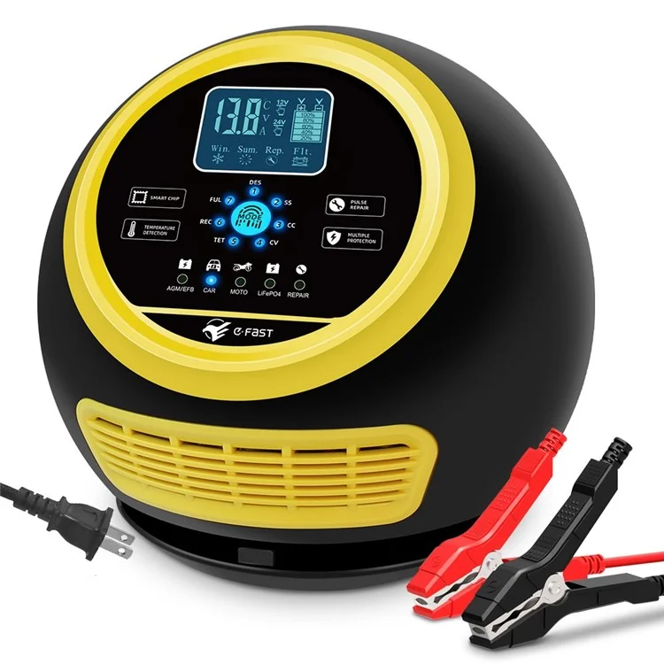 Cargador de batería automático para automóvil con pantalla táctil E-FAST TK-1500 para litio LiFePO4, AGM, GEL, plomo-ácido - Enchufe de EE. UU. / Amarillo
