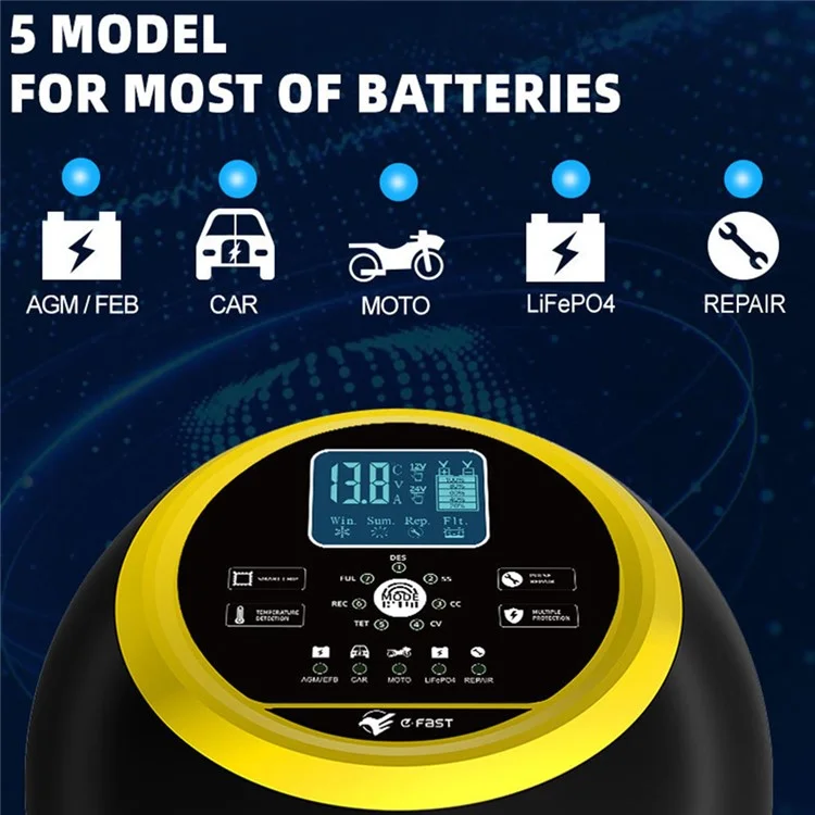 Cargador de batería automático para automóvil con pantalla táctil E-FAST TK-1500 para litio LiFePO4, AGM, GEL, plomo-ácido - Enchufe de EE. UU. / Amarillo