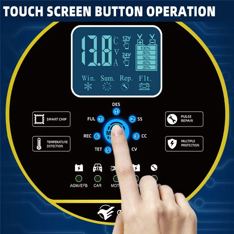 Cargador de batería automático para automóvil con pantalla táctil E-FAST TK-1500 para litio LiFePO4, AGM, GEL, plomo-ácido - Enchufe de EE. UU. / Amarillo