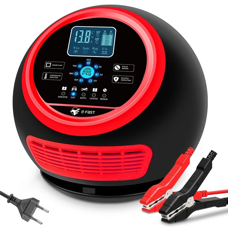 E-FAST TK-1500 300W High Power Car Automatic Battery Charger for Lithium LiFePO4 AGM GEL Lead-Acid - EU Plug / Red