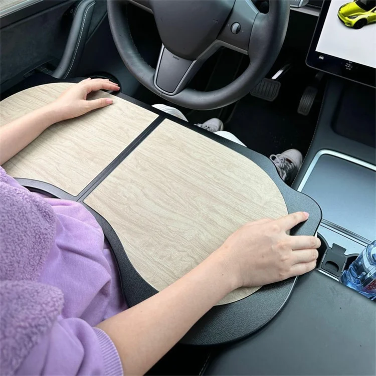 For Tesla Model 3 / Y Wood Grain PU Leather Car Table Board Folding Dining Tray