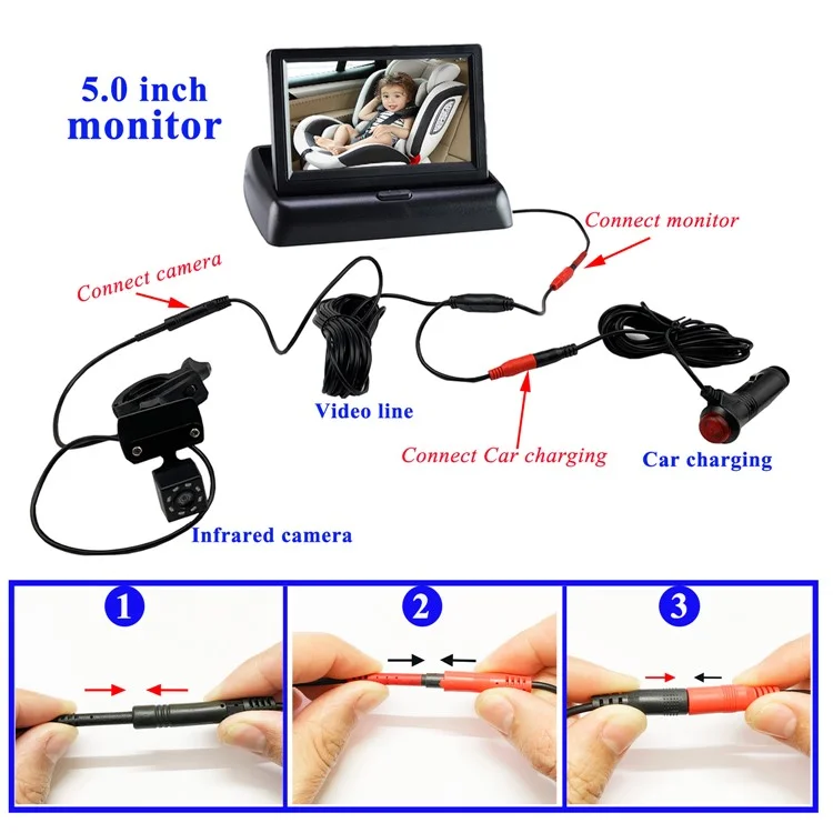 RH-B04 Schermo da 5.0 pollici, telecamera per monitor del bambino per il sedile posteriore dell'auto con angolo di visione di 150 gradi