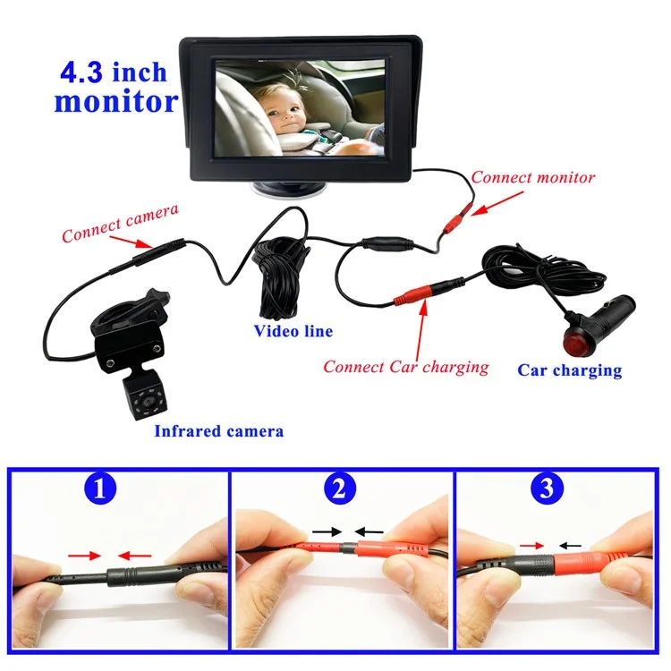 RH-B01 4.3 Pollici 8-LED Baby Safety Monitor Visione Notturna Telecamera per Sedile Posteriore dell'Auto