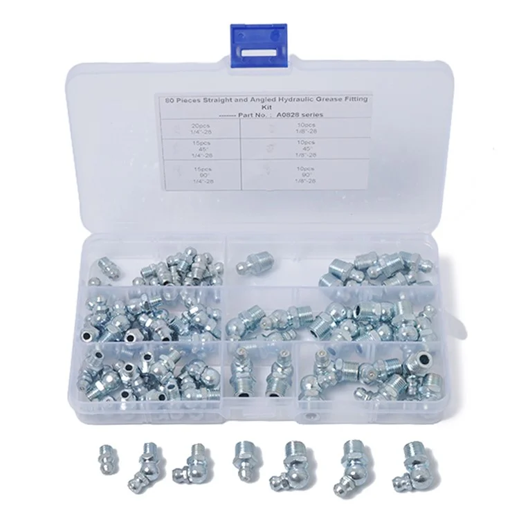 A0828 80Pcs 45 / 90 Degree Angled and Straight Hydraulic Grease Fitting Assort Kit