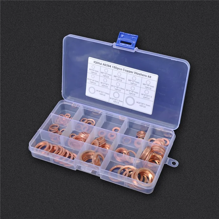 A0394 150Pcs / Set Copper Sealing Washers Flat Rings Gaskets with Plastic Box