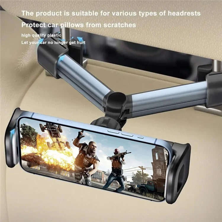 BZ-H5 Car Headrest Backseat Mount Adjustable Telescopic Universal Phone Tablet Car Holder for iPhone 16 / 16 Plus / 16 Pro / 16 Pro Max - Grey