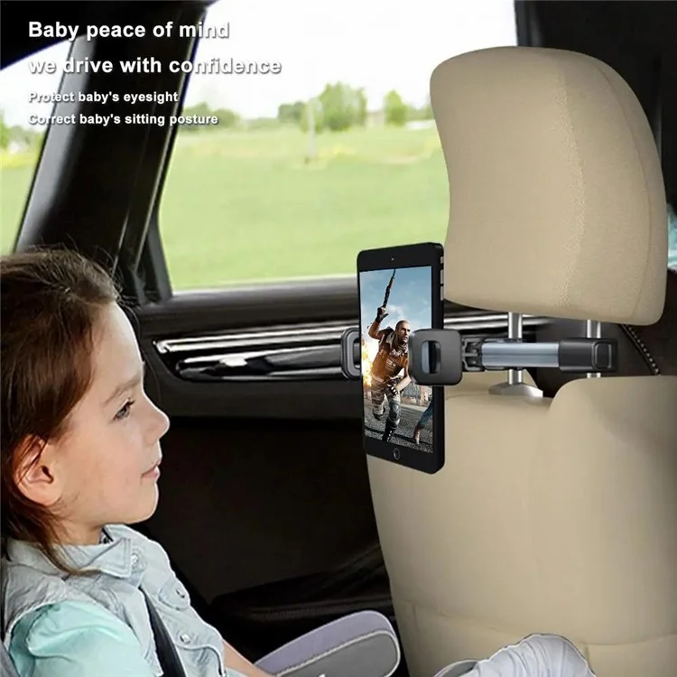 BZ-H5 Car Headrest Backseat Mount Adjustable Telescopic Universal Phone Tablet Car Holder for iPhone 16 / 16 Plus / 16 Pro / 16 Pro Max - Grey