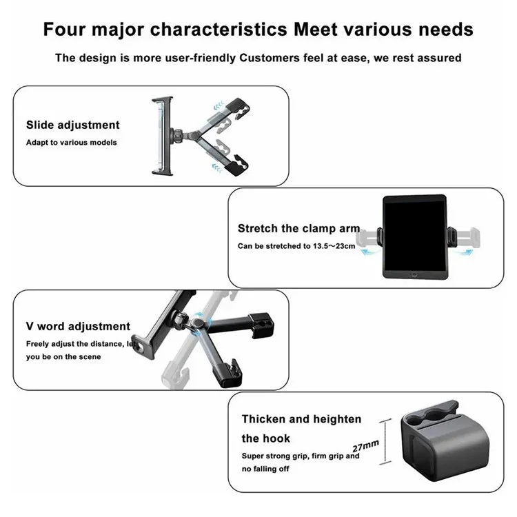 BZ-H5 Car Headrest Backseat Mount Adjustable Telescopic Universal Phone Tablet Car Holder for iPhone 16 / 16 Plus / 16 Pro / 16 Pro Max - Grey