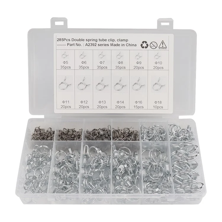 A2392 285Pcs Double Wire Tube Clip Spring Clamp Assortment with Plastic Box