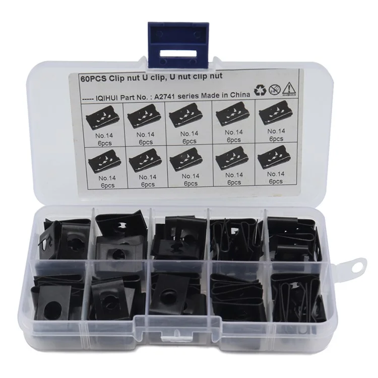 Assortiment de 60 pièces de clips à écrou de type U n°14 pour moto et voiture, avec boîtier