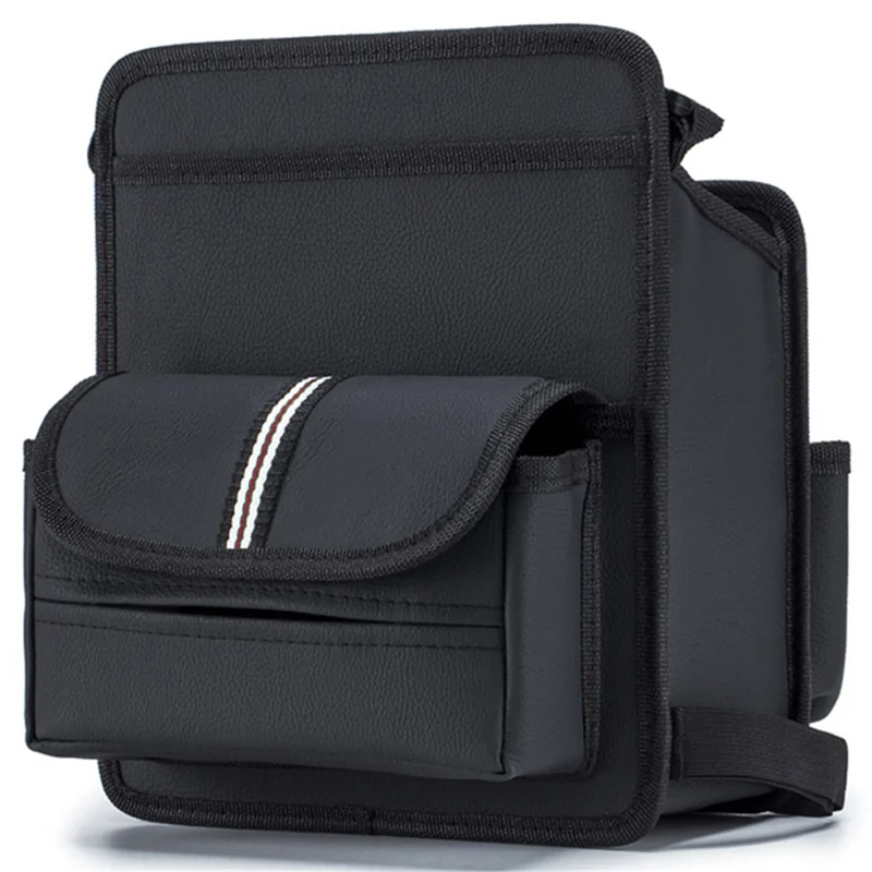 Car Seat Storage Bag Genuine Cow Leather Auto Organizer Holder Between Front Seat - Black with Stripe