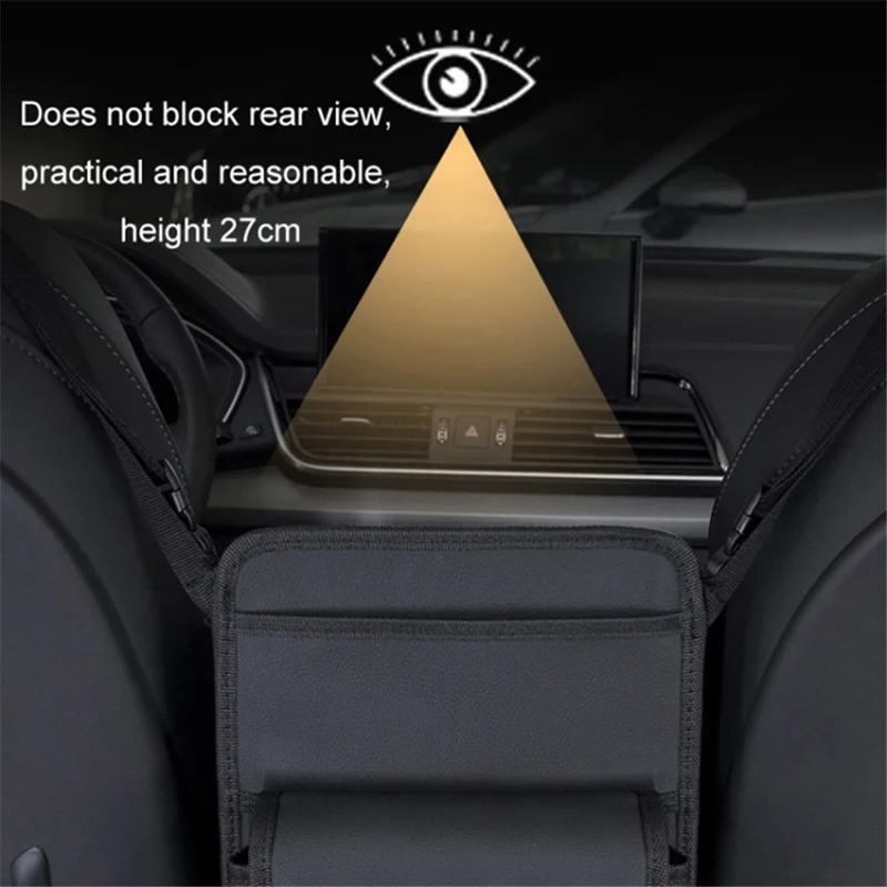 Car Seat Storage Bag Genuine Cow Leather Auto Organizer Holder Between Front Seat - Black with Stripe