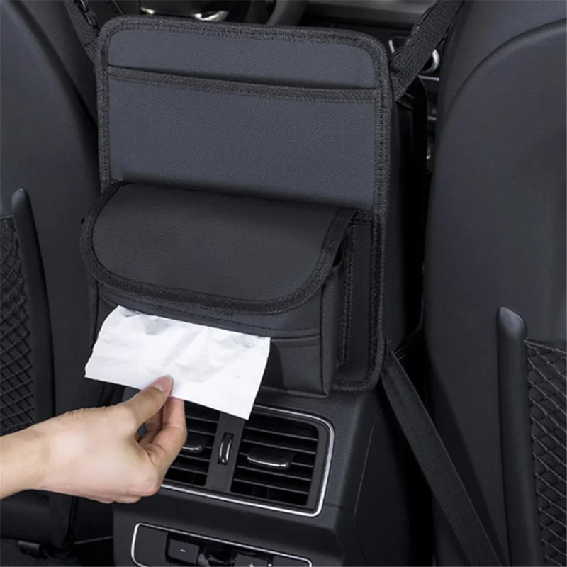 Car Seat Storage Bag Genuine Cow Leather Auto Organizer Holder Between Front Seat - Black with Stripe