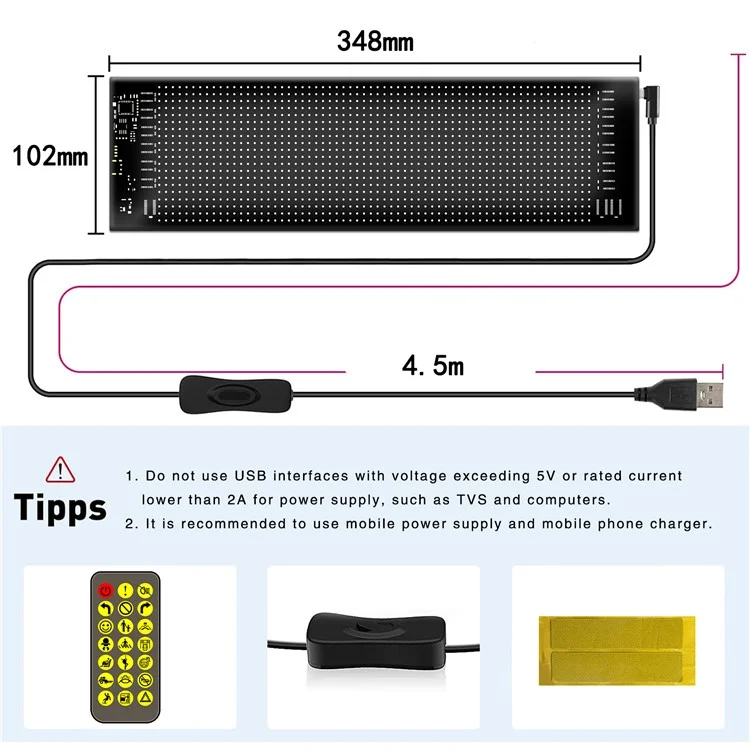 RP1035 102x348mm Pannello LED Flessibile Impermeabile Controllo APP Bluetooth Car Sign