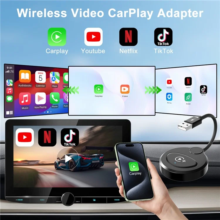 020-6+ Wireless CarPlay Adapter Convert Wired to Wireless Carplay Dongle Support YouTube / Netflix / TikTok - Black