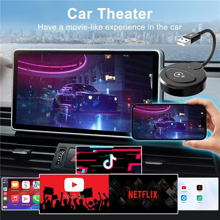 020-6+ Wireless CarPlay Adapter Convert Wired to Wireless Carplay Dongle Support YouTube / Netflix / TikTok - Black