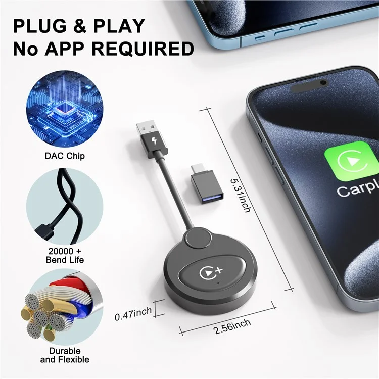 020-6+ Wireless CarPlay Adapter Convert Wired to Wireless Carplay Dongle Support YouTube / Netflix / TikTok - Black