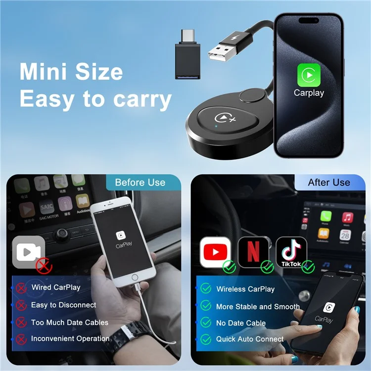 020-6+ Wireless CarPlay Adapter Convert Wired to Wireless Carplay Dongle Support YouTube / Netflix / TikTok - Black