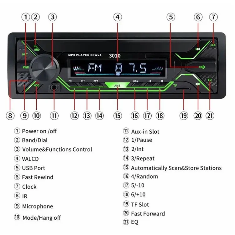 3010 12V Bluetooth-Stereo-Freisprechanlage für Autos mit FM-Radio, MP3-Player und bunter Beleuchtung