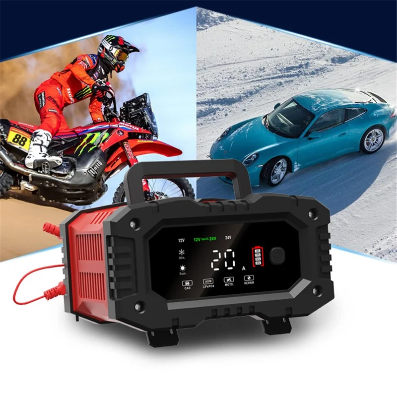 FOXSUR FPT-200 Carregador de Bateria Portátil de Tela Grande para Motocicleta Carro - Plugue da UE