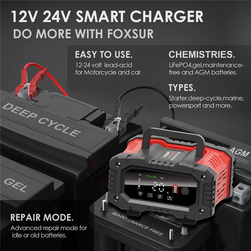 FOXSUR FPT-200 Large Screen Portable Battery Charger for 12V-24V Motorcycle Car - US Plug