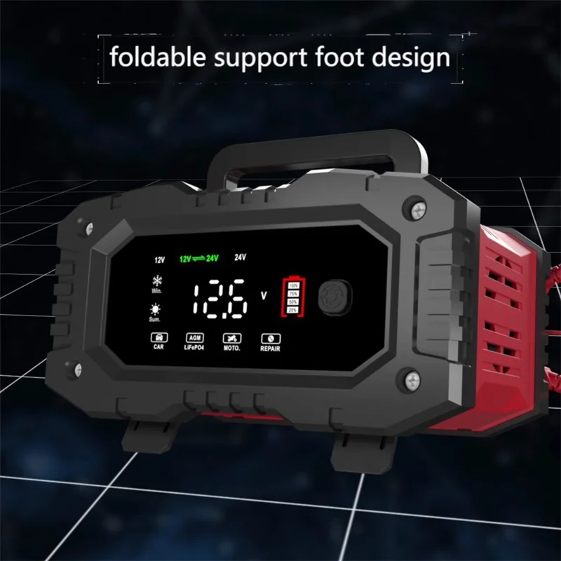 FOXSUR FPT-200 Large Screen Portable Battery Charger for 12V-24V Motorcycle Car - US Plug