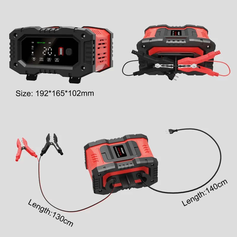 FOXSUR FPT-200 Large Screen Portable Battery Charger for 12V-24V Motorcycle Car - US Plug