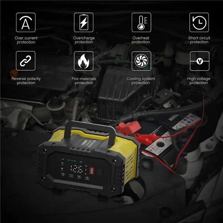 FOXSUR FPT-100 10A Carregador de Bateria Portátil para Carros e Motocicletas, Carregador de Veículo de 7 Estágios - Plugue da UE