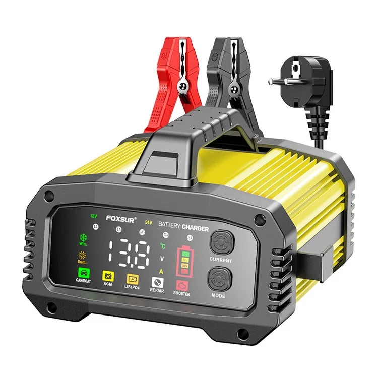 FOXSUR FPT-250 25A Портативное зарядное устройство для автомобильных, лодочных и мотоциклетных аккумуляторов, 8-этапная интеллектуальная зарядка - ЕС вилка / Желтый