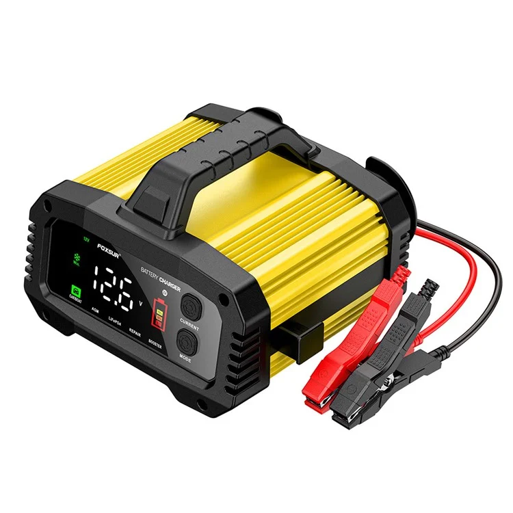 FOXSUR FPT-250 25A Портативное зарядное устройство для автомобильных, лодочных и мотоциклетных аккумуляторов, 8-этапная интеллектуальная зарядка - ЕС вилка / Желтый