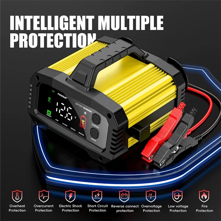 FOXSUR FPT-250 25A Портативное зарядное устройство для автомобильных, лодочных и мотоциклетных аккумуляторов, 8-этапная интеллектуальная зарядка - ЕС вилка / Желтый