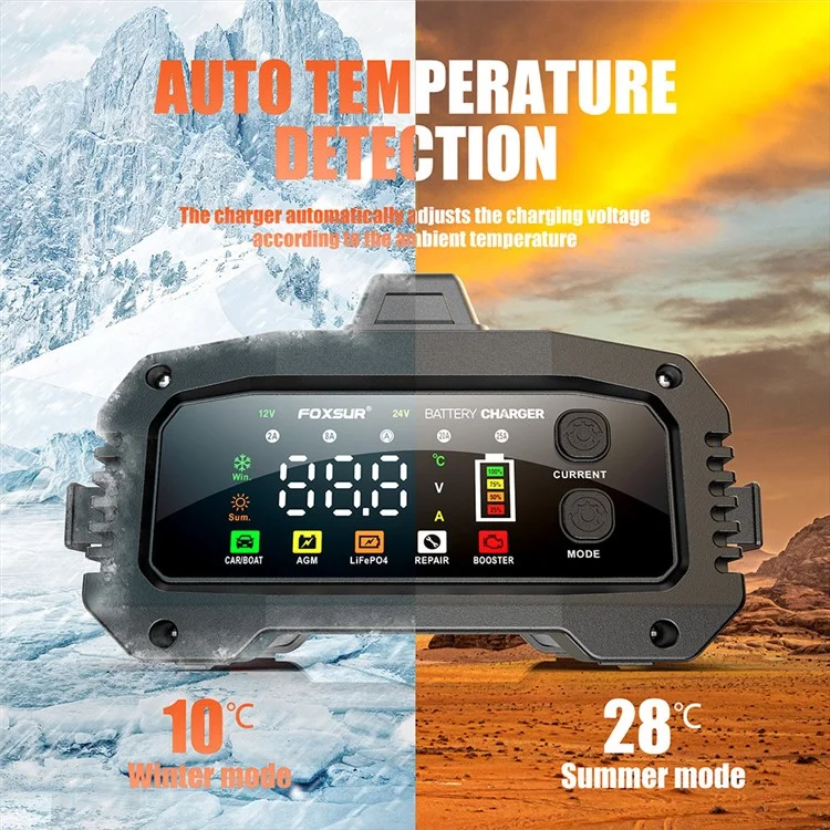 FOXSUR FPT-250 25A Портативное зарядное устройство для автомобильных, лодочных и мотоциклетных аккумуляторов, 8-этапная интеллектуальная зарядка - ЕС вилка / Желтый