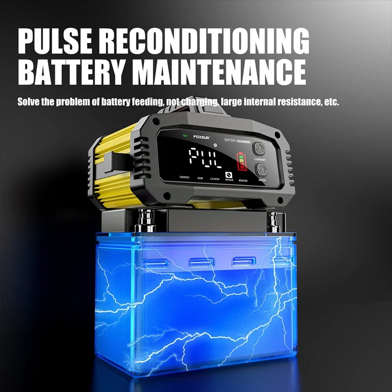 FOXSUR FPT-250 25A Portable Car Boat Motorcycle Battery Charger 8-Stage Charging Smart Charger - UK Plug / Yellow