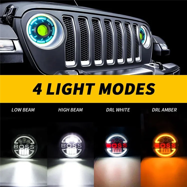Faro delantero de 7 pulgadas para Wrangler Harley Motorcycle Boss, haz alto y bajo con ojo de ángel LED circular