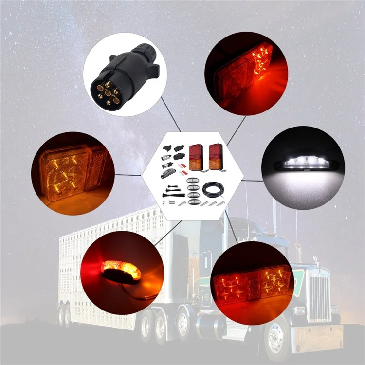 Kit de Feux Arrière A4136 à 10 Led Pour Camion 12v, Remorque, Véhicules Signal de Tour de Virage Étanche Avec Plaques Réfléchissantes / Lampes Latérales / Éclairage de la Plaque D'immatriculation - Type G Set