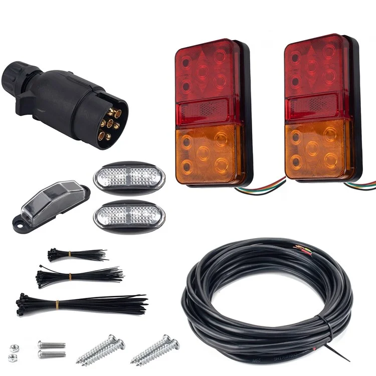 Kit de feux arrière à 10 LED A4135 pour camion de 12 V, remorque, véhicules Ensemble de feux de direction résistant à l'eau avec câble à 5 noyaux de 8 m / feu de position / feu de plaque d'immatriculation - Type F Set
